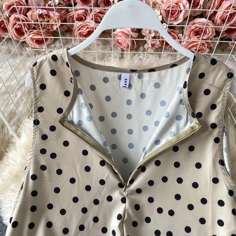 Svart / beige polka dot lång klänning kvinnor elegant rund hals ärmlös stor swing ruffle vestidos kvinnlig 2021 sommar mode robe y0603