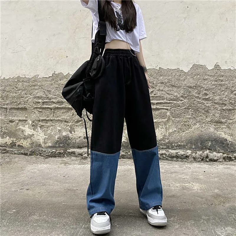 Frauen Jeans Y2K Streetwear Vintage Elastische Hohe Taille Breite Bein Hosen Harajuku Spleißen Gerade Baggy Denim Hosen 210809