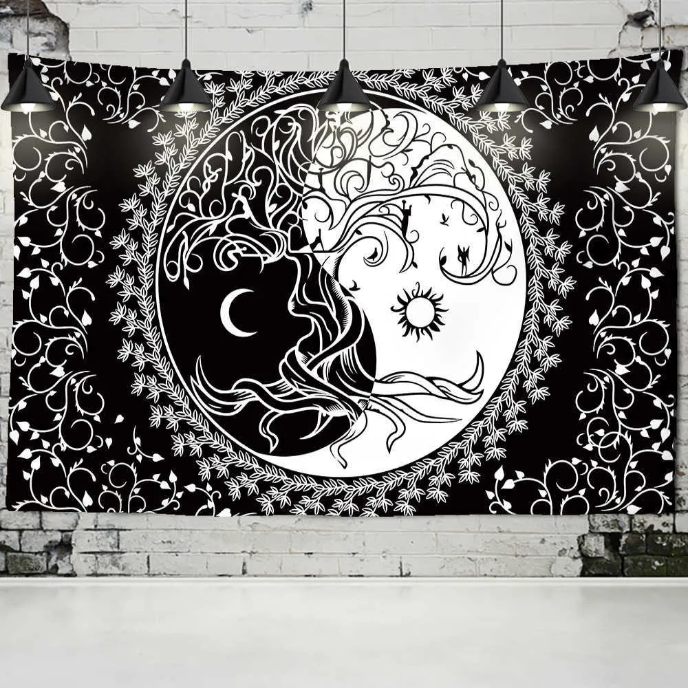 Soleil et lune noir et blanc Mandala tapisserie murale tapisserie hippie tapisserie dortoir décoration psychédélique ta 210609