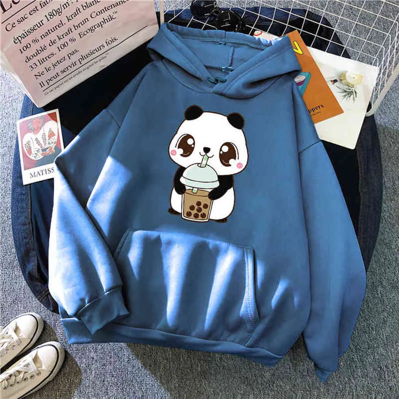 Nette Cartoon Panda Wasser Trinken Druck Mann Sweatshirt Fleece Tasche Lose Mit Kapuze Streetwear Frau Bequeme Hoody Anime Hoodie H1227