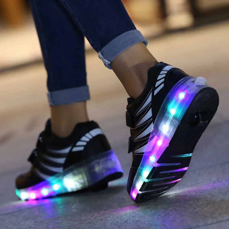 Размер 28-40 Детские Светодиодные Обувь Светящиеся кроссовки с роликом для мальчиков Световые кроссовки с подсветкой One The Close Roller Skate Shoes 211022