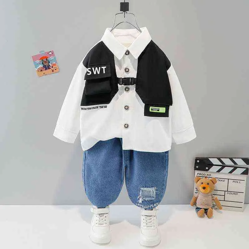 유아 소년 아기 의류 양복 봄과 가을 의류 양복 패션 아이 귀여운 스트라이프 소송 220113