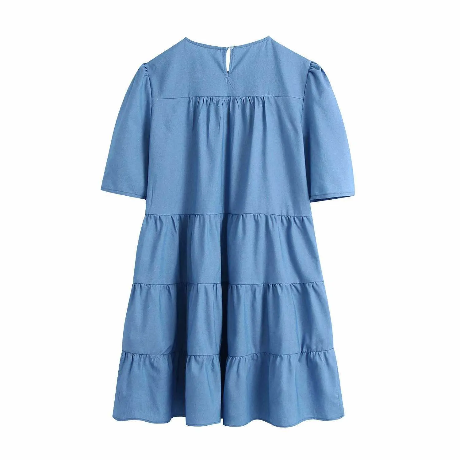 Zevity Women Vintage O Neck Solid Pleats Denim Casual Kimono Dress Female Chic Puff Sleeve Retro Straight Vestido DS5067 210603