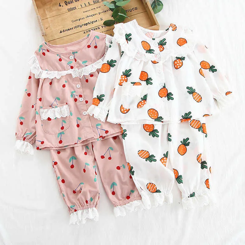 Frühling Herbst Neue Kinder Pyjamas Set Kirsche Erdbeere Druck Kinder Pyjamas Baby Junge Mädchen Nachtwäsche Lange Ärmeln Pyjamas Kinder Q0716