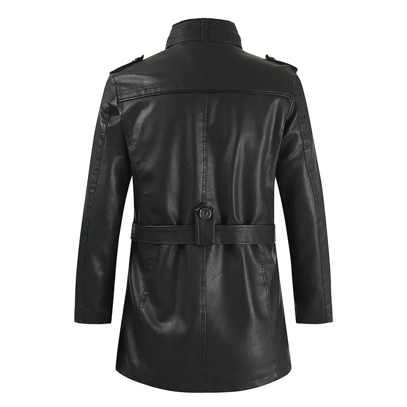 Mens mid-length leather jacket with stand-up collar plus velvet large size mens belt warm and windproof PU jacket