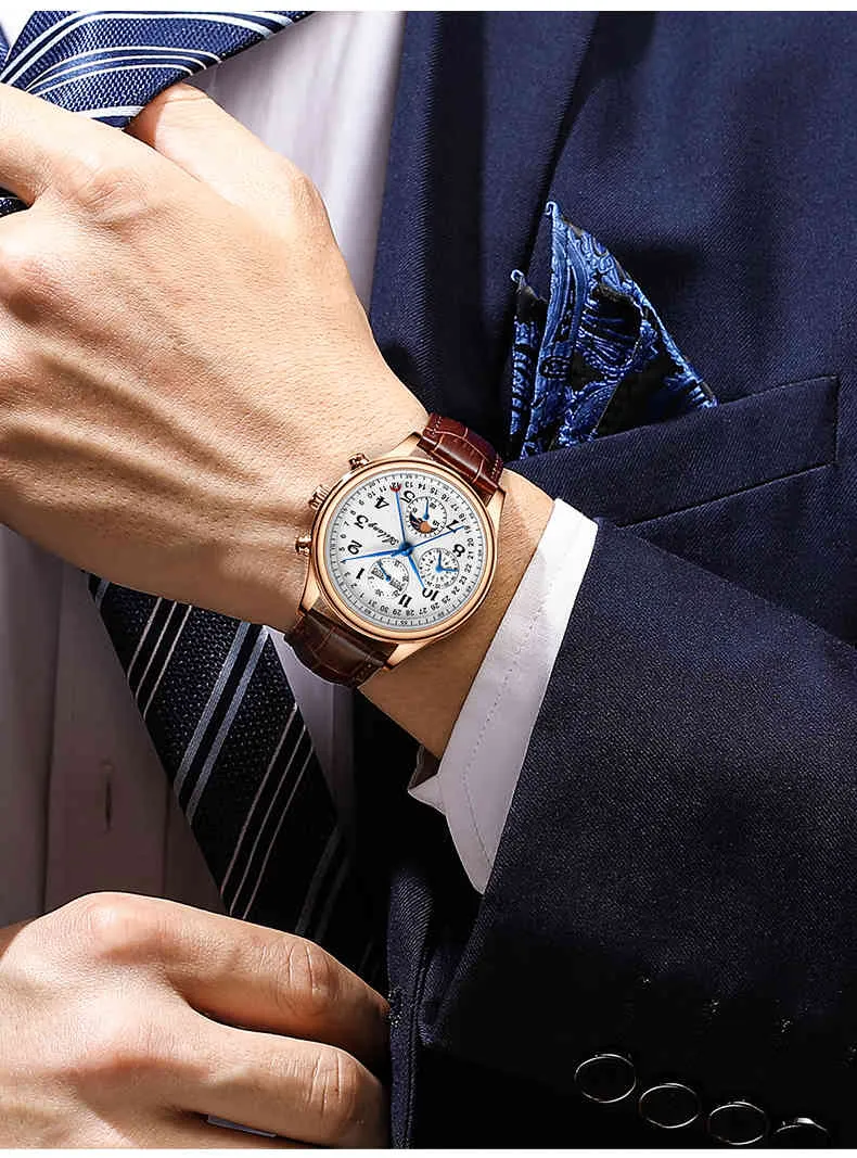 L'orologio da uomo impermeabile multifunzionale in stile business con fasi lunari meccaniche del marchio di lusso Ailang