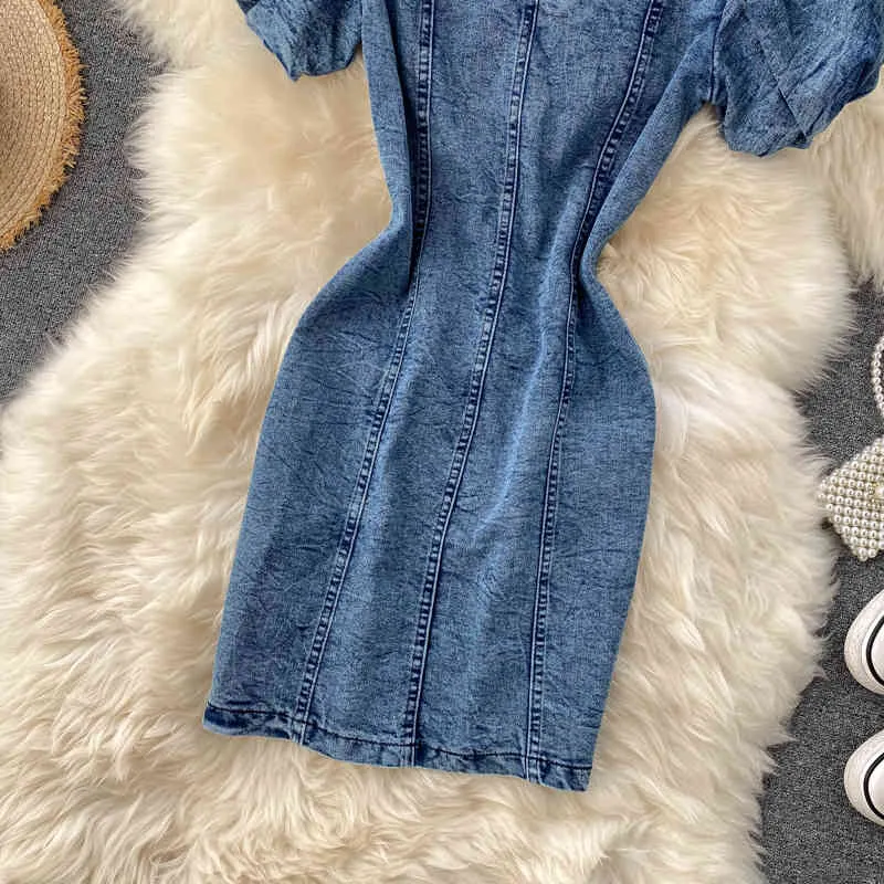 Frauen Denim Kleid Sommer Süße Puff Sleeve Slim Bodycon ES Damen V-ausschnitt Elegante Mini Robe Vestidos Mujer Französisch 210525