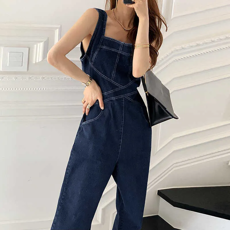 Korejpaa Femmes Combinaisons Été Corée Chic Rétro Encolure Carrée Contrastante Couleur Double Poches Bretelles Denim Pantalon 210526