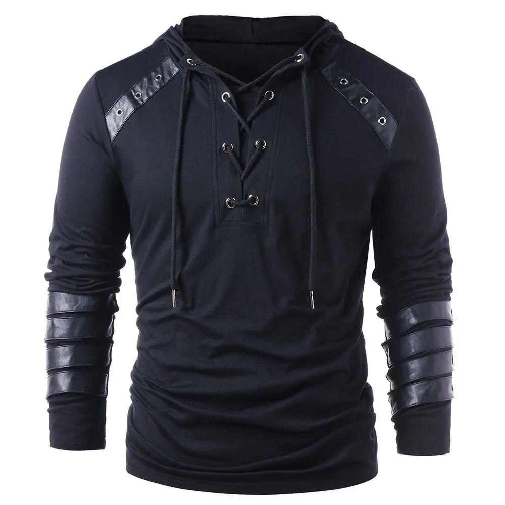 Men Hoodie Plus Size Punk Pu Leather Long Sleeve Lace Up Black Blue Streetwear Gothic Casual Hooded Sweatshirt Spring Tops 201113