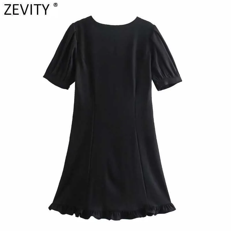 Zevity Femmes Sweet Lace Col Patchwork Double Boutonnage Noir Mini Robe Femme Chic Puff Manches Volants Été Robe DS8161 210603