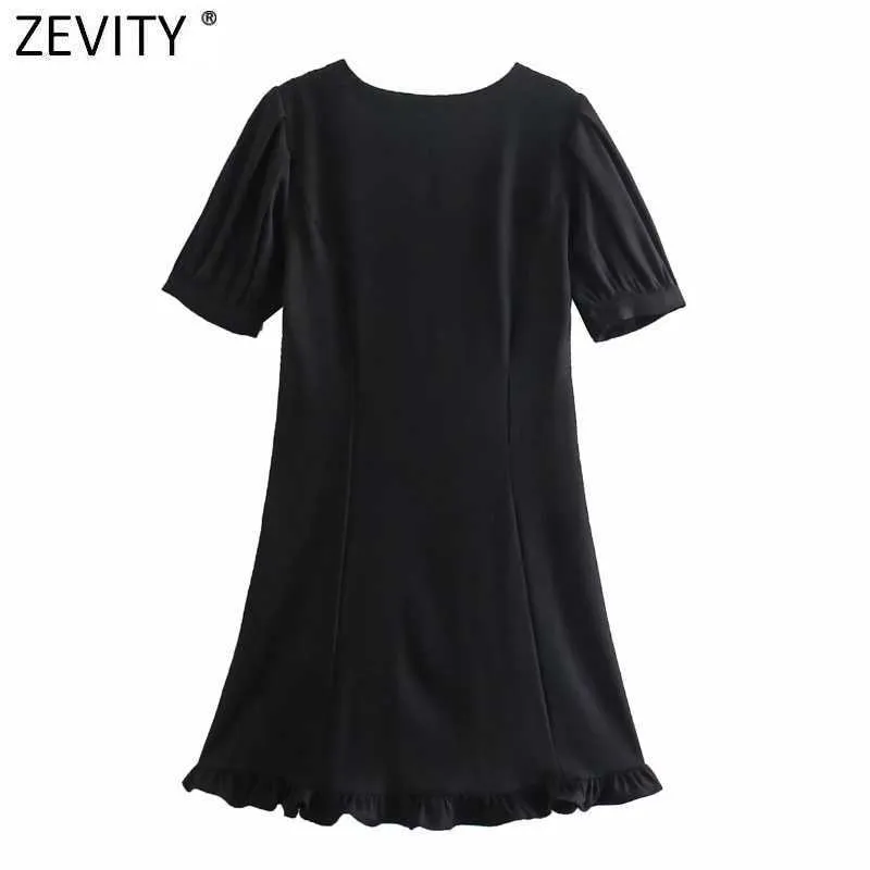 ZEVITY Kadınlar Tatlı Dantel Yaka Patchwork Kruvaze Siyah Mini Elbise Kadın Chic Puf Kollu Ruffles Yaz Vestido DS8161 210603