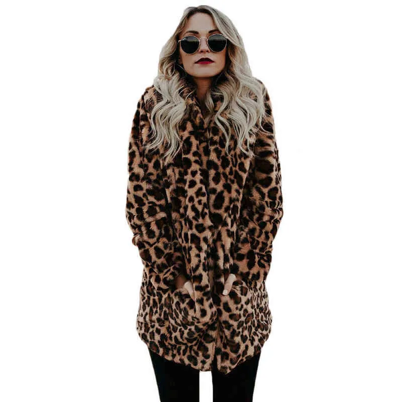 Luxury Fashion Leopard Long Teddy Bear Jackets Coats Women Winter Thick Warm Outerwear Faux Fur Coat Female 211207