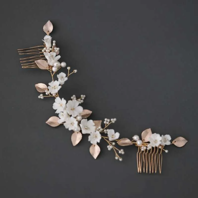 Altın Yaprak Gelin Uzun Tarak Saç Parçası Beyaz Porselen Çiçek Düğün Balo Aksesuarları Saç Tarak Kadınlar Başlığı X0726