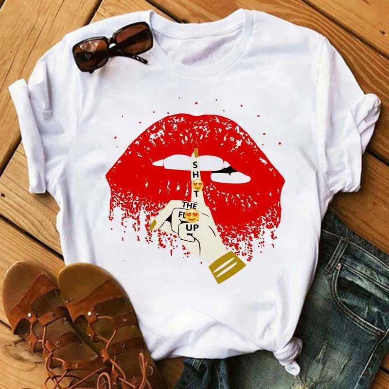 2021 Nieuwe T-shirt Dames Lippen Gedrukt Mode Grafische Gedrukt T-shirt Harajuku Casual Dames Korte Mouwen Vrouwelijke T-shirts Kleding X0527
