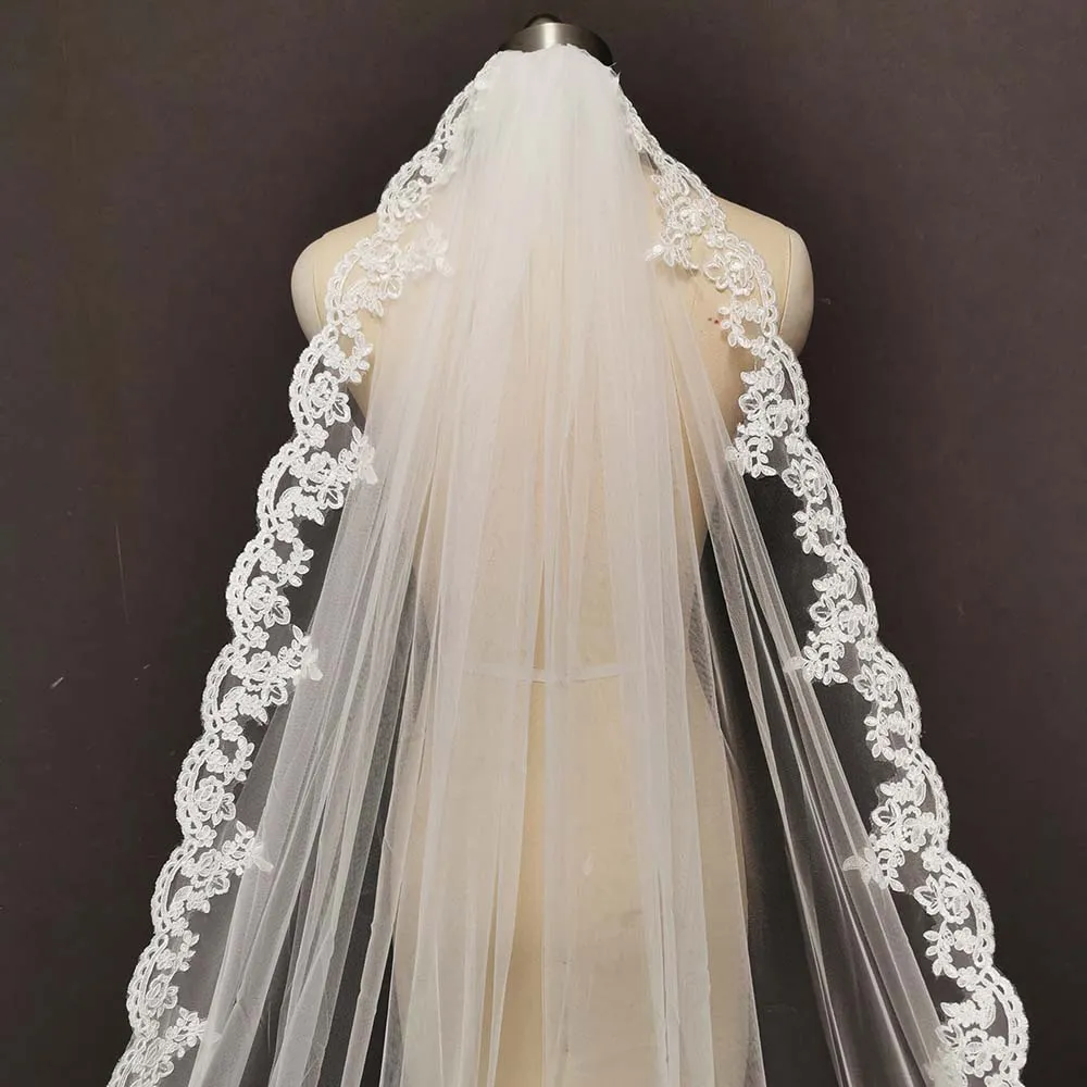 Real Pos – voile de mariée Long en dentelle, avec peigne, 3 mètres, 1 couche, voile d'ivoire blanc, accessoires de mariage, 230o