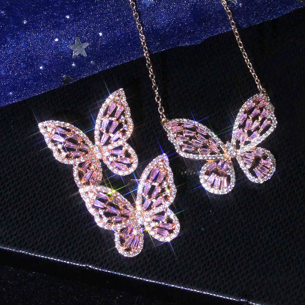 Conjunto de joyería para mujer, collar con alas de mariposa huecas de hadas, anillo, pendientes, cadena de clavícula de circón, 3 piezas