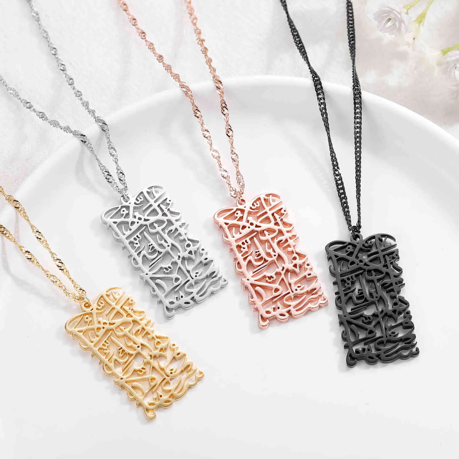 Caligrafia em árabe para mulheres Jóias de jóias Colares personalizados de colares de aço inoxidável Gold Islâmico Presente pendente 21111014291147865026