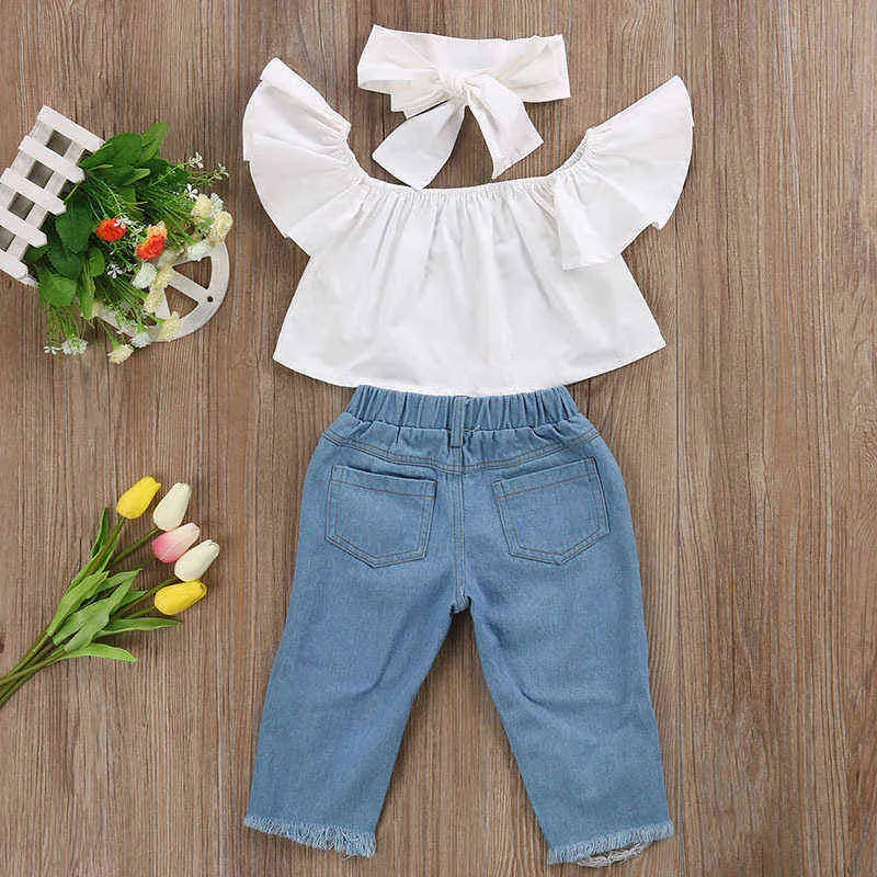 Toddler Girls Clothes Suits Off Shoulder Pullover Short Sleeve Tops Jeans Pants Bow Headband Kids Outfits Children Sets G220217