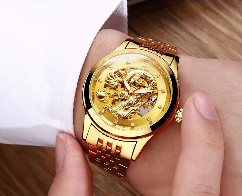 Mohdne H666 Brand Automatic Movement Hollow out Men watch Big gold plate with dragon waterproof325d