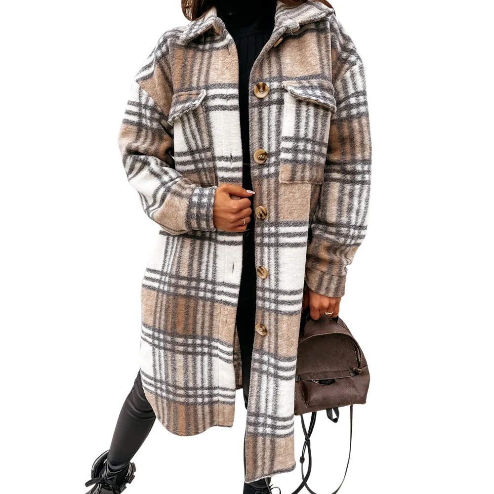 Design Frauen Winter Kariertes Hemd Jacke Mode Drehen Unten Kragen Lange Übergroßen Mantel Einreiher Dicke Warme Dame Streetwear Ov