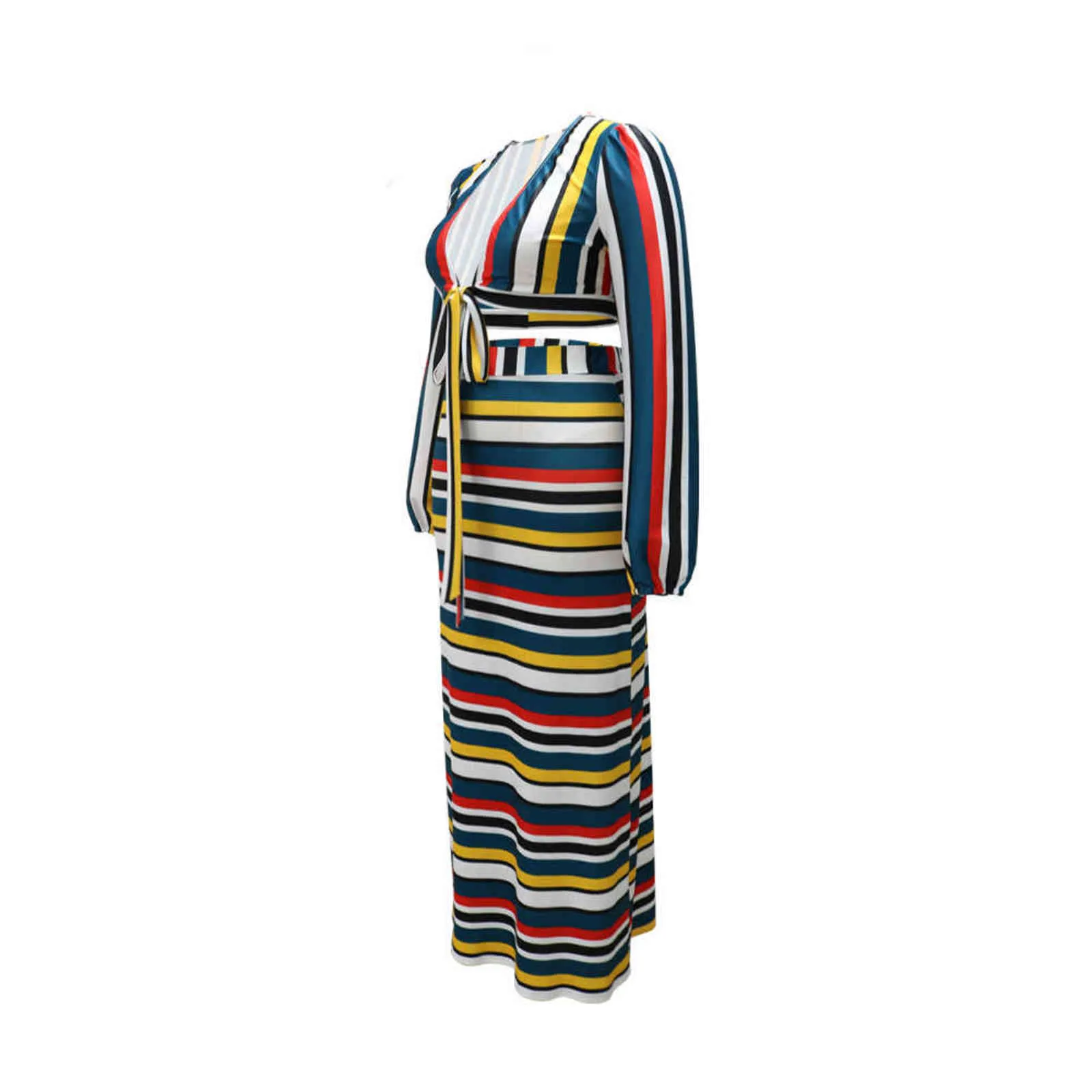 ZOCTUOO Plus Size Spódnicy Zestawy Jesień Z Długim Rękawem Dress V-Neck Kolorowe Stripe Drukowanie Duża koronka Do góry Dwupiętrowy 211115