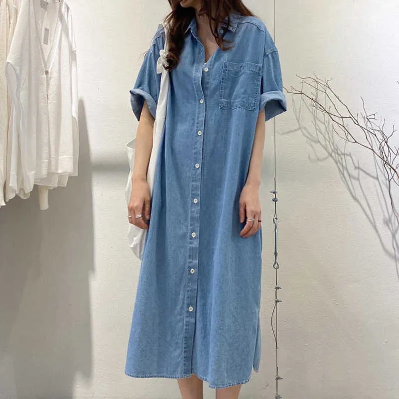 Korejpaa Femmes Robe Été Coréen Rétro Revers Simple Boutonnage Casual Lâche Multi-Poche Conception Sur Genou Denim Robes 210526