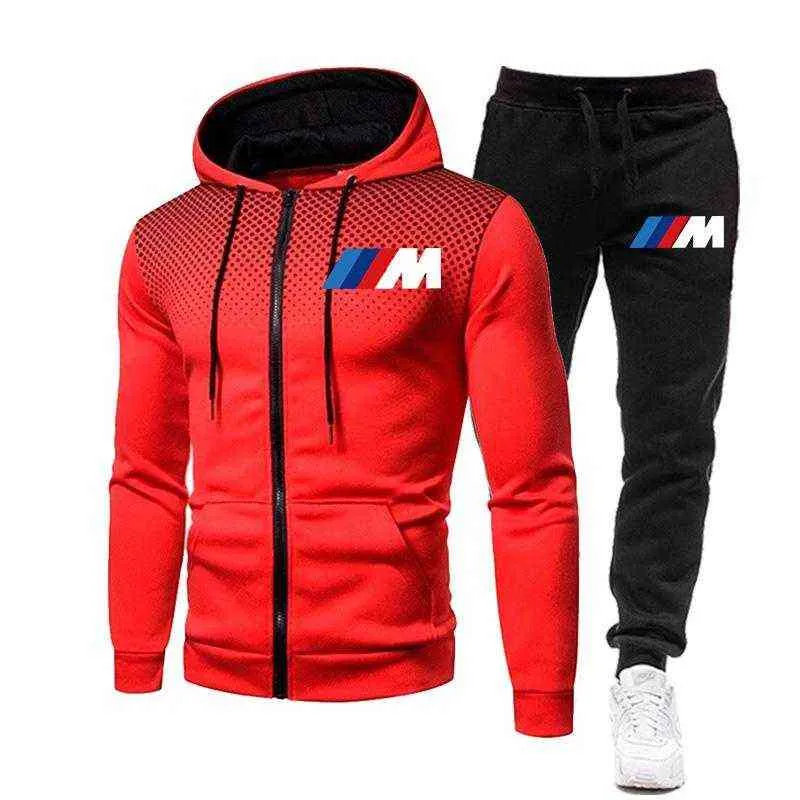 New BMW Men's Football Sets Zipper Hoodie+Pants Two Pieces Casual Tracksuit Male Sportswear Gym Brand Clothing Sweat Suit G1217