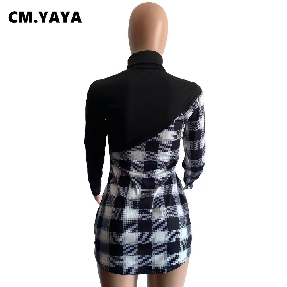 CM YAYA Женская клетчатая лоскутная водолазка с длинным рукавом Блузки Топы Уличная мода Рубашки размера плюс S-4XL 210226240S