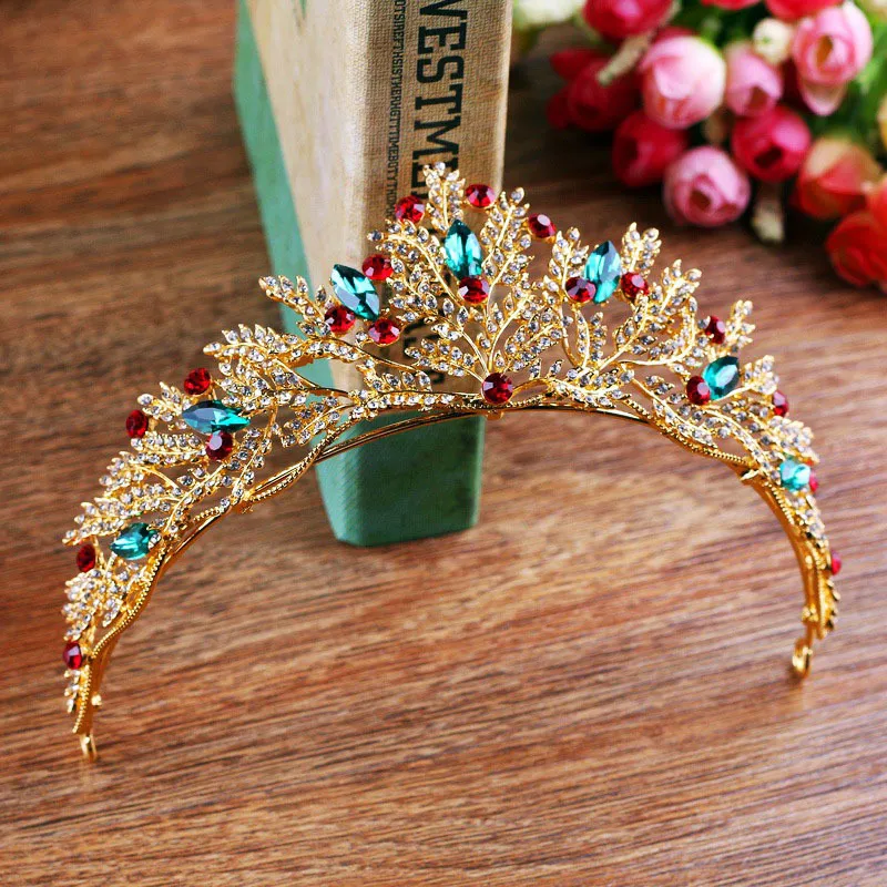 Vintage or strass vert rouge cristal mariée diadème couronne à la main Noiva diadème casque de mariage cheveux bijoux accessoires JL T257q