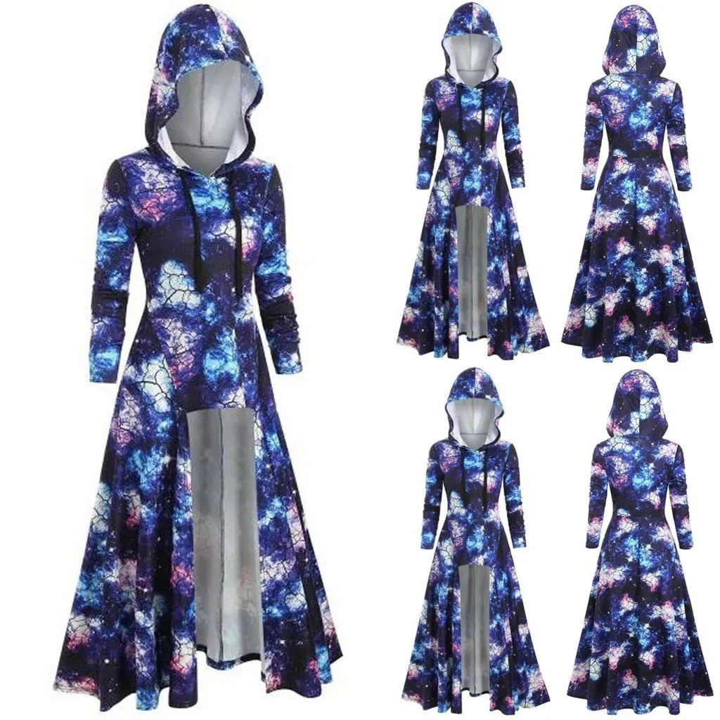 Ricorit Fashion Hooded Gwiaździste Galaxy Jesień Zima Cape Kobiety Maxi Długie Rękaw Sukienka Ubrania Gothic Punk z Plus Size 201008