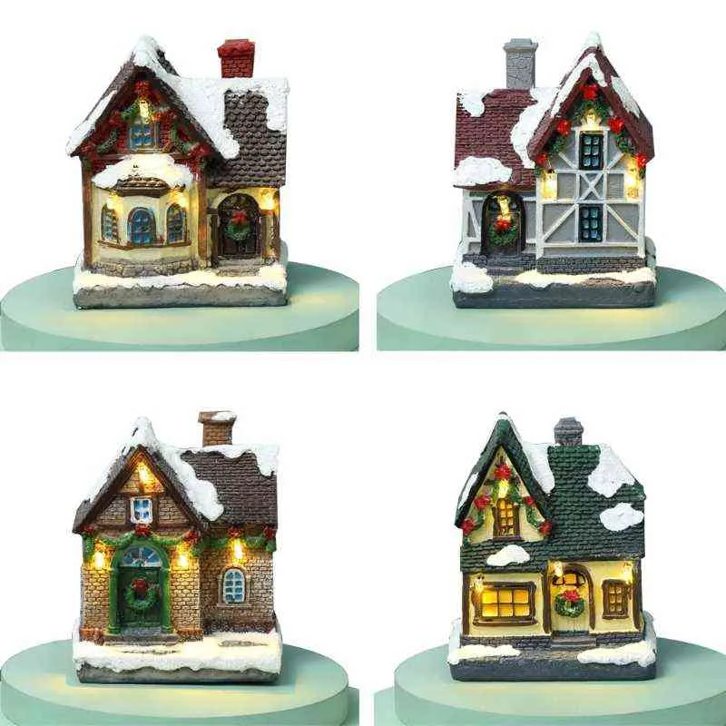 Weihnachtsszene, Dorfhaus-Statue mit warmem LED-Licht, batteriebetrieben, Winter-Schnee-Landschaft, Kunstharz-Gebäude, Miniaturfigur 211105
