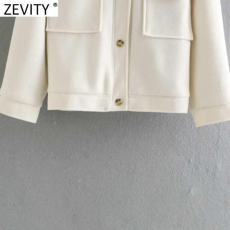 Zevity Femmes Vintage Double Poches Patch Poitrine Chemise En Laine Manteau Femme À Manches Longues Casual Outwear Vestes Chic Tops CT675 210603