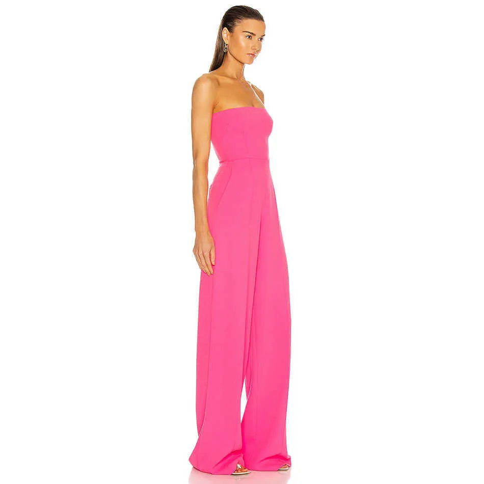 Sommar högkvalitativ Kvinnors Jumpsuit Curb Shoulder Sexy Celebrity Party Rose Red Tube Top Wide Leg 210527