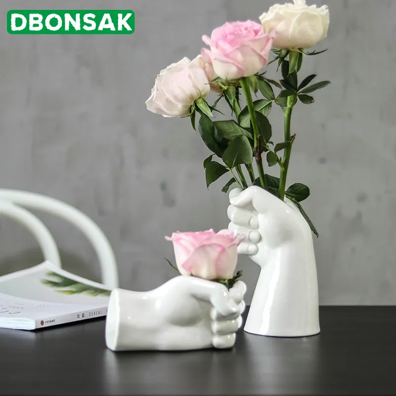 手モデリング拳の花瓶ホワイトセラミックポットフラワーアレンジメントホームリビングルームモダンな装飾装飾品Y200709358H