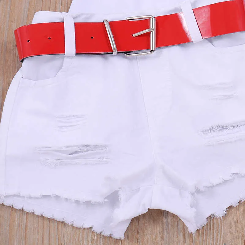 Humor Bär Sommer Mädchen Anzug Neue Kinder One-Neck Rose Blume Bluse Zerrissene Weiße Shorts Anzug Baby Kinder Kleidung Sets X0902