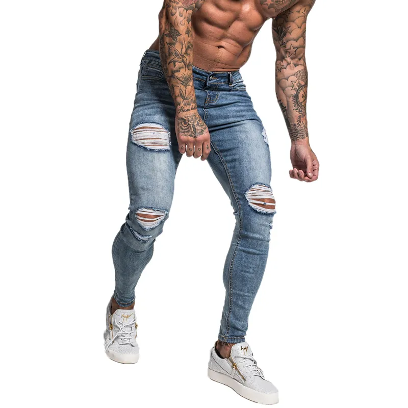 Jeans da uomo Jeans hip-hop skinny elasticizzati riparati Blu chiaro effetto consumato Super skinny slim fit in cotone confortevole