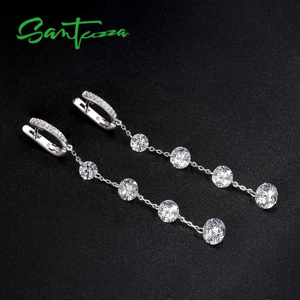 Santuzza Pure 925 стерлингового серебра стерлингового серебра для женщин блестящие белые CZ Элегантные длинные свисающие ручной работы изысканные украшения 210706