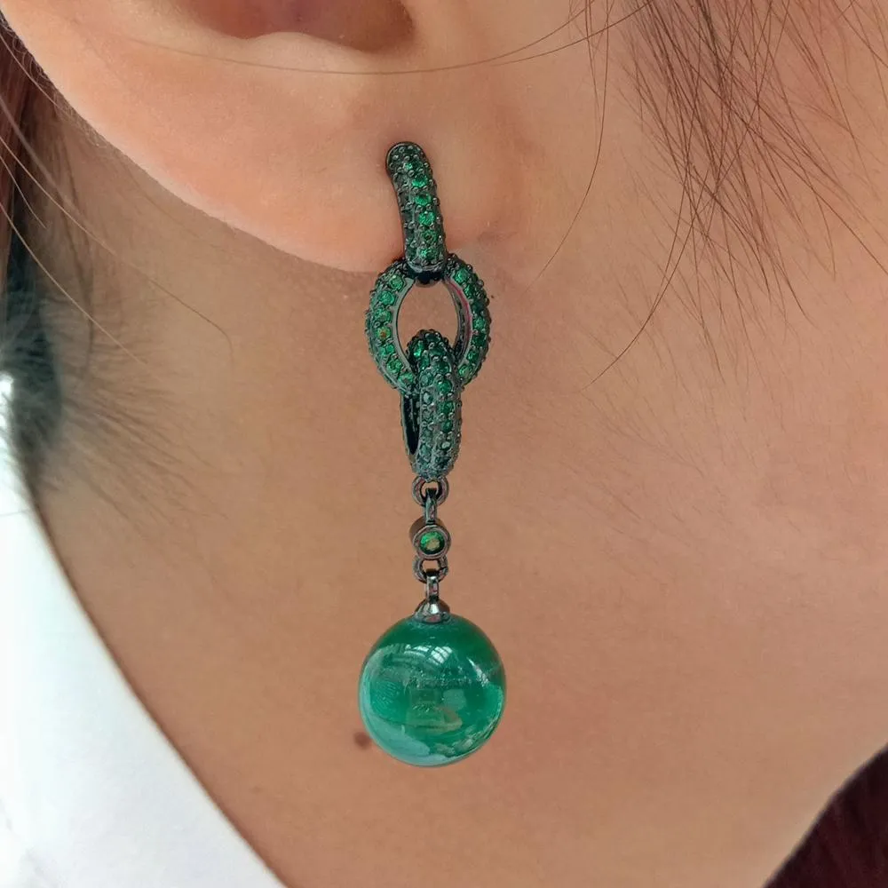 Yygem Natural authentique véritable rond malachite pave gunmetal plaqué boucles d'oreilles en boucle luxe pour les femmes