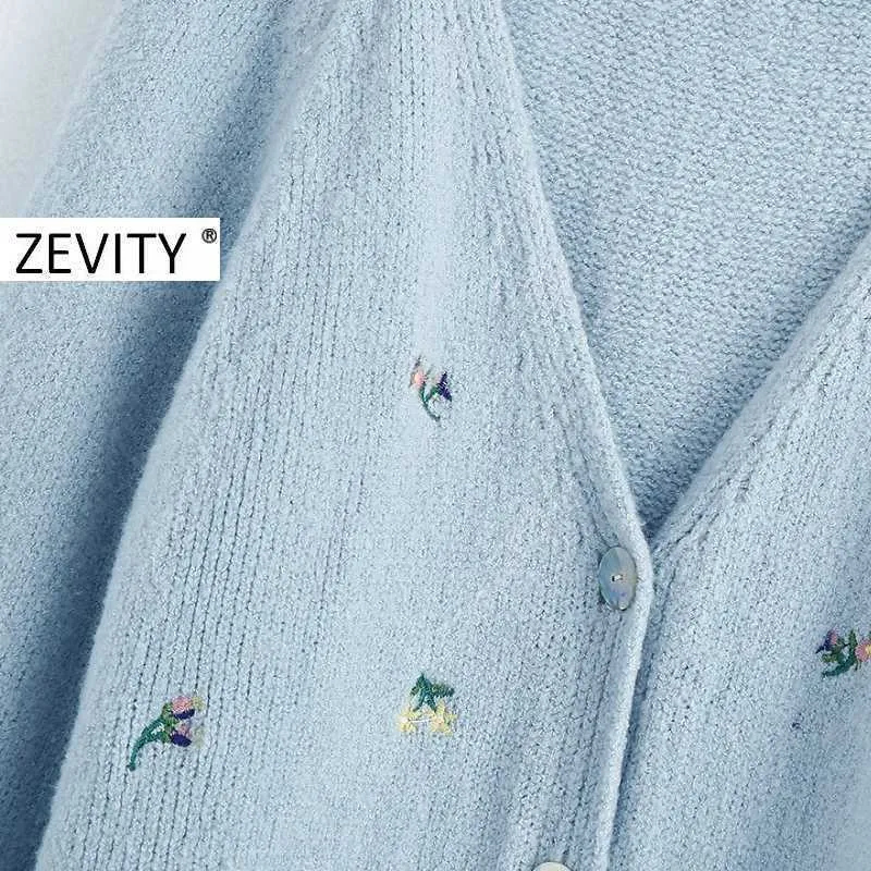 Zevity women fashion flower embroidery cardigan knitted sweater female v neck long sleeve breasted outwear chic tops S341 210603