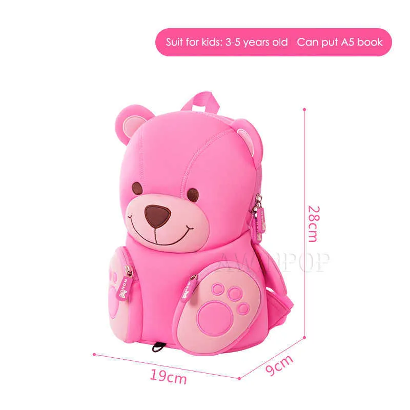 3D cartoon rosa urso sacos de escola para meninos meninos cute design cão mochila criança criança jardim infantil crianças mochila 211021