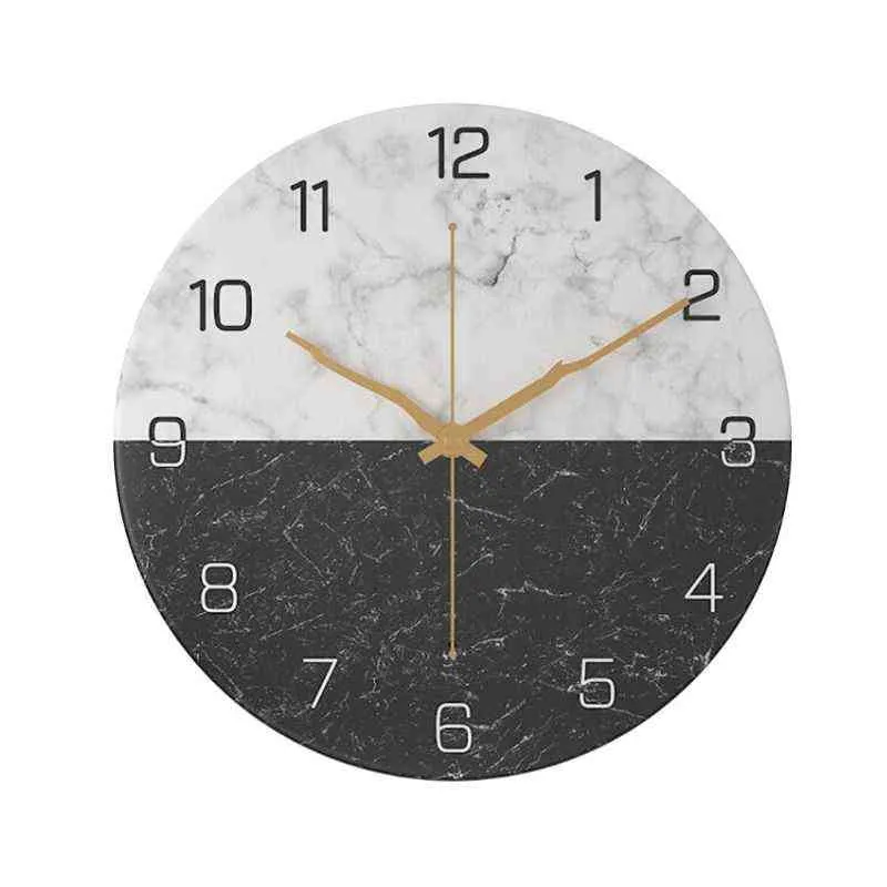 Style nordique marbre motif horloge murale ronde silencieuse en métal à la mode Simple horloge silencieuse maison chambre décor Design minuterie H1230