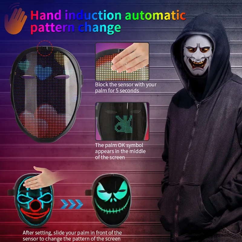 Bluetooth LED maschera mascherata giocattoli controllo APP RGB illumina programmabile immagine fai da te animazione testo Halloween Natale Carnevale C209d