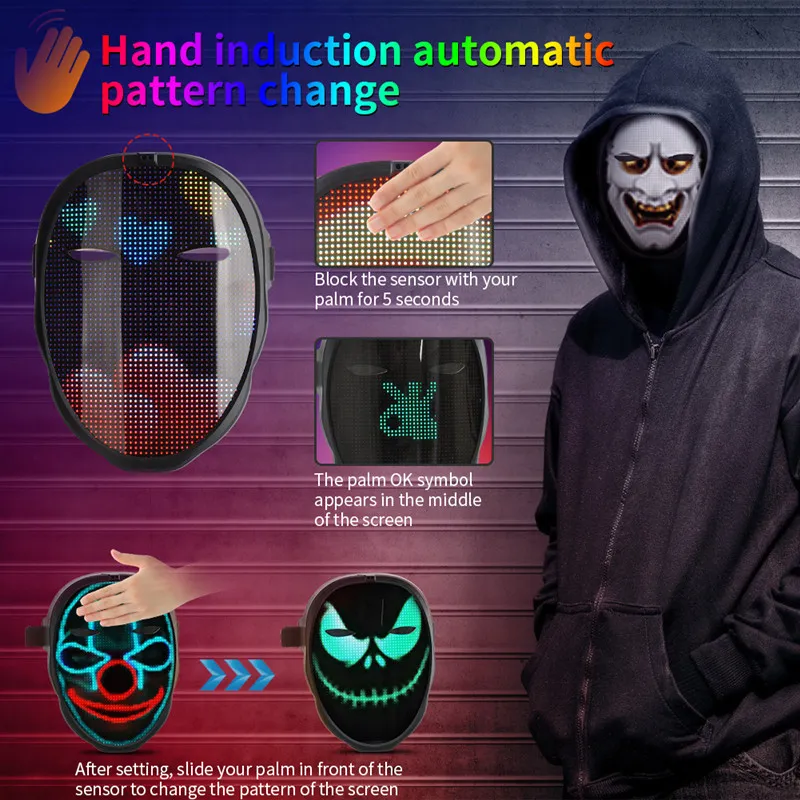 Bluetooth светодиодная маска маскарадные игрушки управление через приложение RGB подсветка программируемая DIY изображение анимация текст Хэллоуин Рождество Карнавал C209d