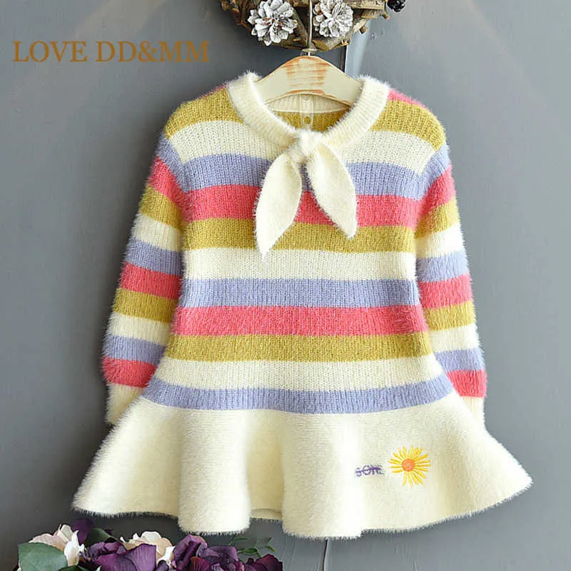 Miłość Ddmm Girls Sukienki Jesień Zima Dziecięce Paski Rainbow Dress Długi Sleevered Cute Party Stroje Dla Dzieci Kostiumy 210715