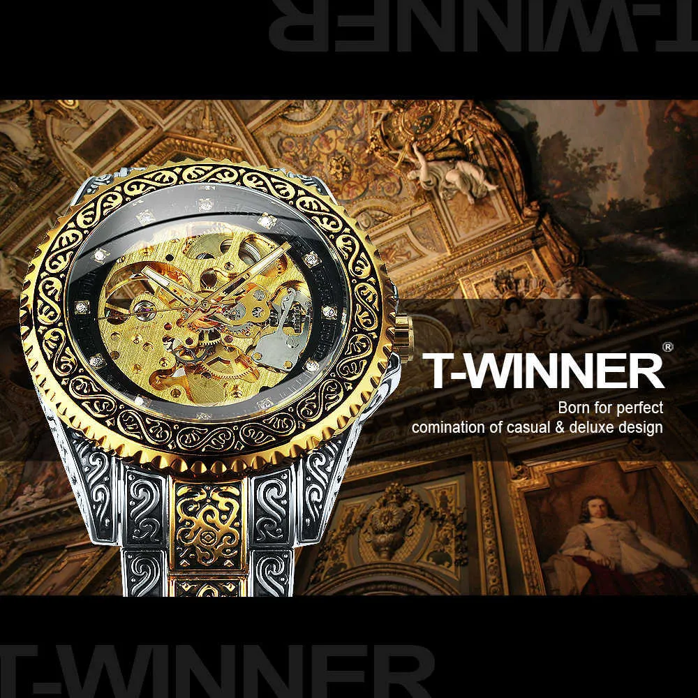 Vinnare Guldskelett Mekanisk Klocka Män Automatisk Vintage Royal Fashion Graverade Auto Armband Klockor Top Märke Luxury Crystal 210728