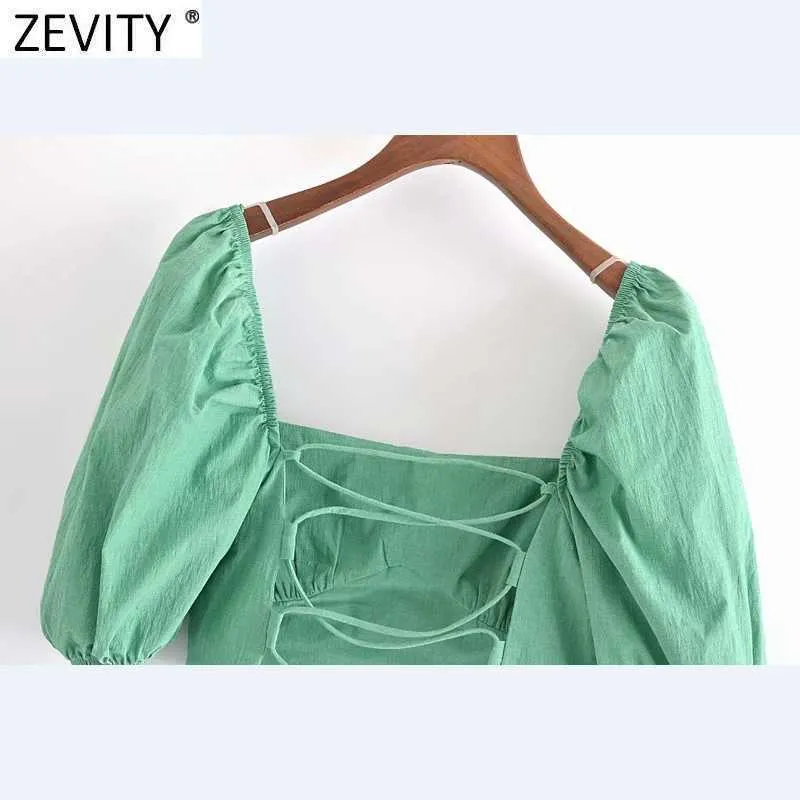 Zevity Женщины старинные слойные рукава квадратный воротник Зеленый короткий блузка Femme Sexy Backbload Lace Up рубашка шикарный Blusas Crops Tops LS9286 210603