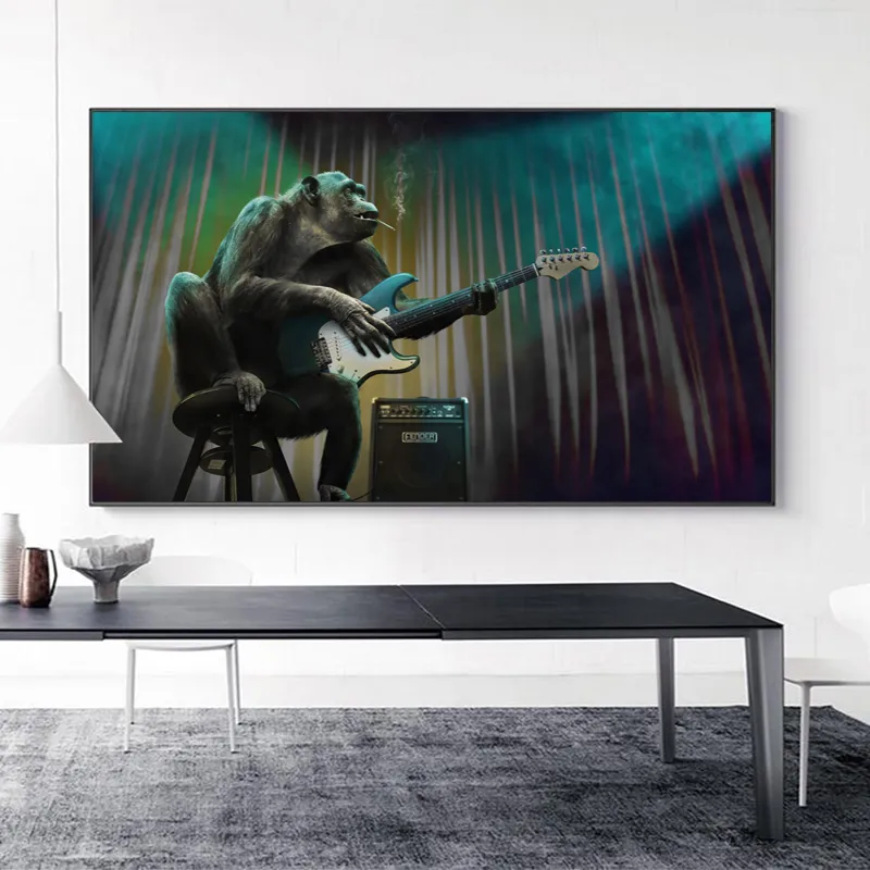 Monkey Plakat Gorilla Zwierząt Prints Wall Art Zdjęcia do salonu Płótno Malarstwo Wystrój Domu Dekoracje Muzyczna Gitara