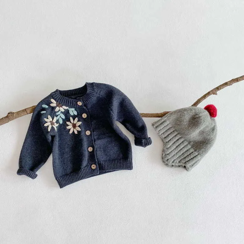 Spring Baby Girl Sweater Coat Långärmad Öppna Stitch Broderade Blommor Outwear Barnkläder E3028 210610