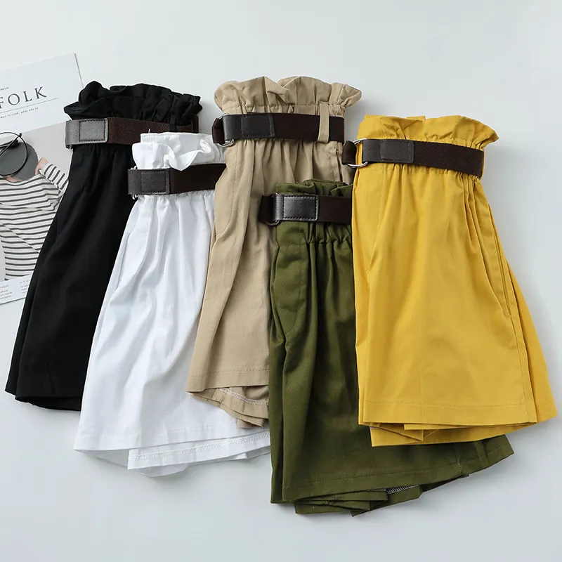 Koreanische einfache feste Sommershorts mit Gürtel lose hohe Taille schlanke lose grüne Shorts Frauen schwarze Paperbag-Shorts 210302