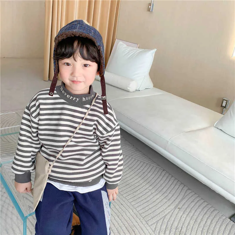 Winter Kids Boys Striped Fake two Thick Sweatshirts Baby Boy Lining Fleece Warm Pullover Soft Casual Tops 210615